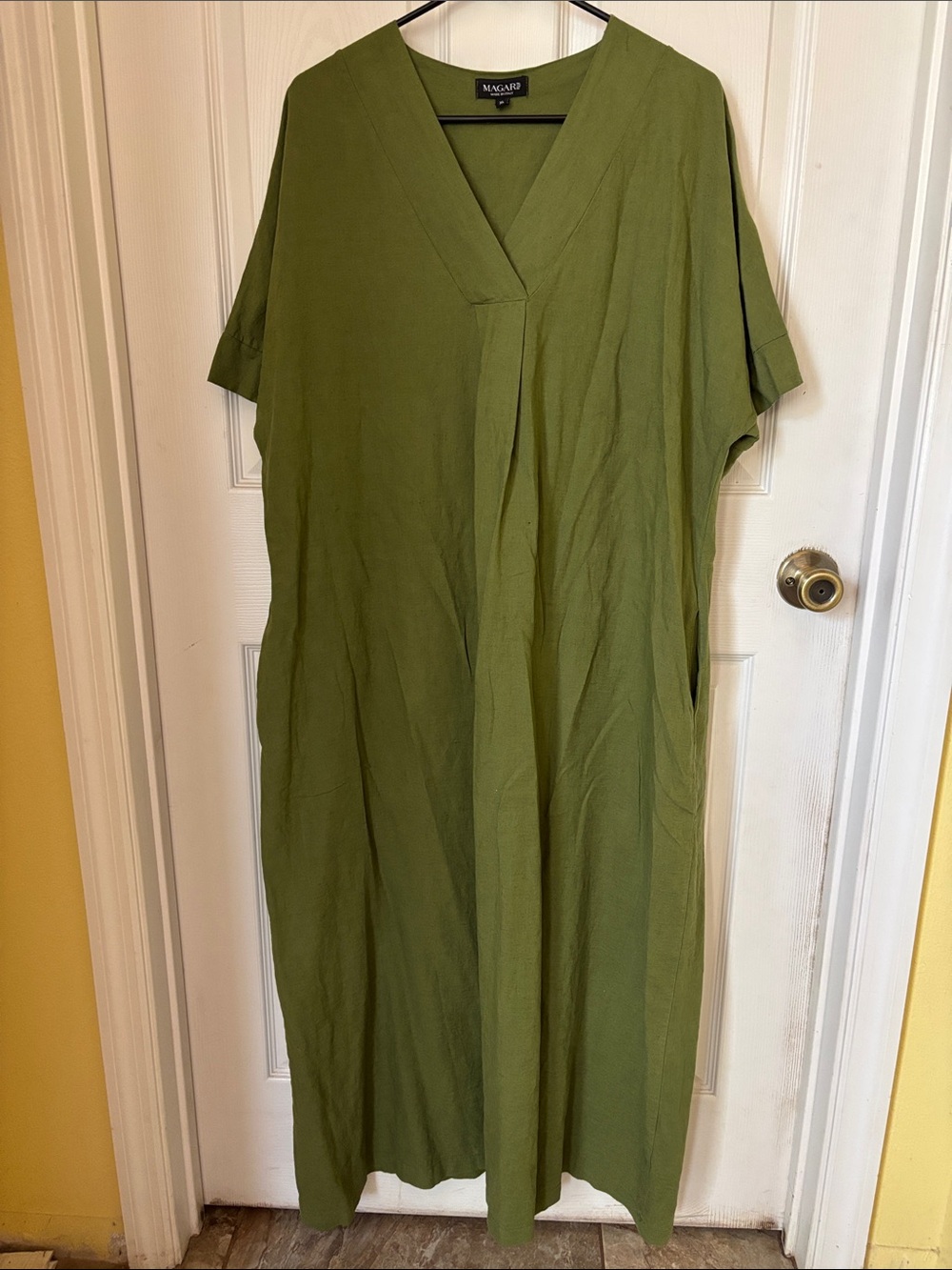 Olive Green Maxi Dress with V-Neck